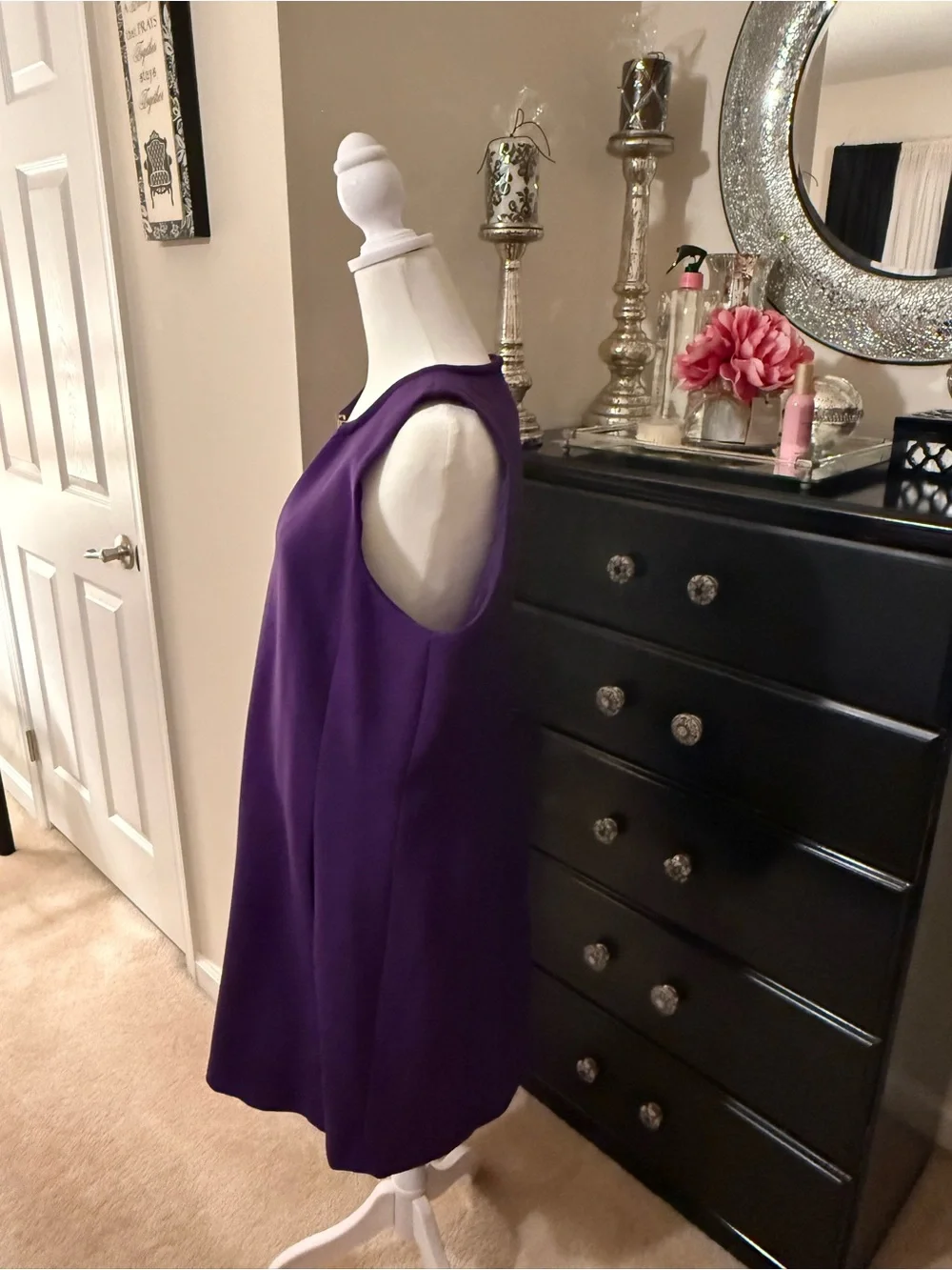 Michael Kors Purple V-Neck Midi Sheath Dress with Gold Accent